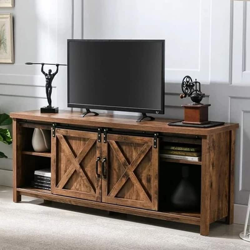 58" Farmhouse TV Stand Wooden Console Cabinet for 65" TV Brown - 58 inches