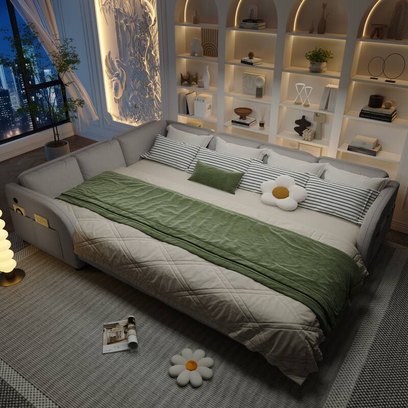 Sectional Sleeper Sofa with Pull Out Bed, Convertible Teddy Fabric Couch with Side Pockets & USB Ports, L Shaped Modular Couches