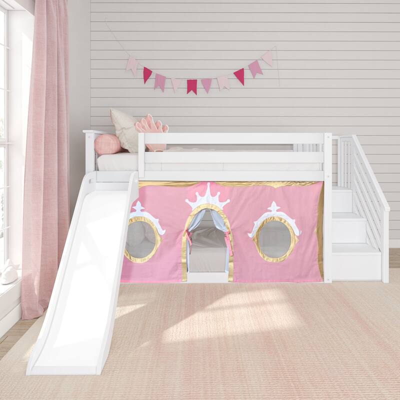 Max and Lily Classic Low Bunk with Stairs, Easy Slide and Curtain