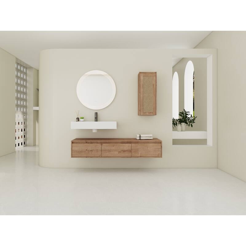 60 inch Wall-Mounted Bathroom Vanity with Resin Sink and Side Cabinet,3-Soft Close Drawer,Float Mounting Design