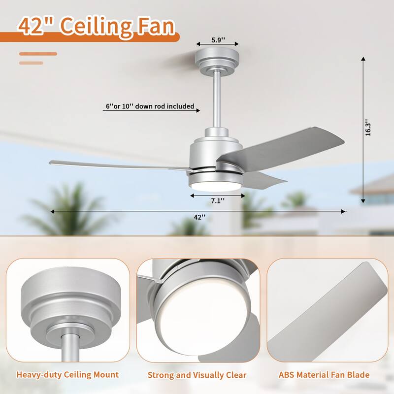 42" Modern Silver 3-Blades Smart Ceiling Fan with Dimmable LED Light and Remote