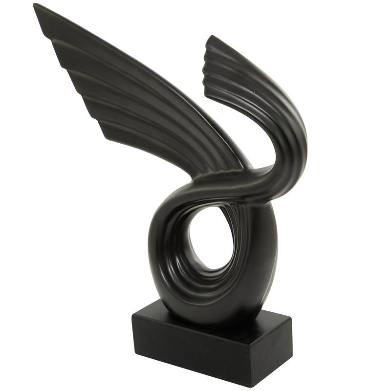 Black Polystone Wing Abstract Decorative Sculpture with Black Base