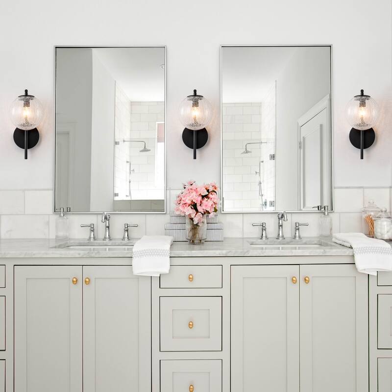 Modern Matte Black Metal Wall Sconce Round Clear Cracked Glass Shade