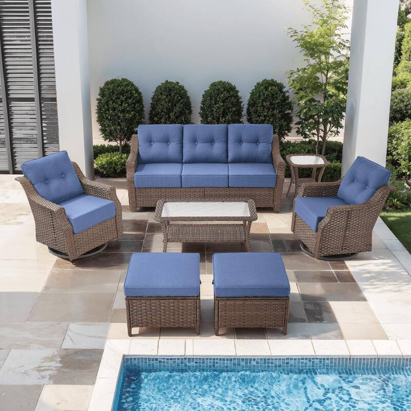 7PCS Outdoor Sofa Glider Chair Table with Ottoman - Brown Wicker & Blue Cushion - 7PCS Sofa Glider Chair Table with Ottoman