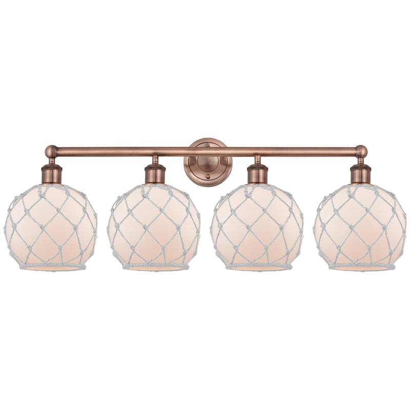 Innovations Lighting Endless Possibilities Edison - Farmhouse Rope - 4 Light 35" Bath Vanity Light - White Glass with White Rope/Antique Copper