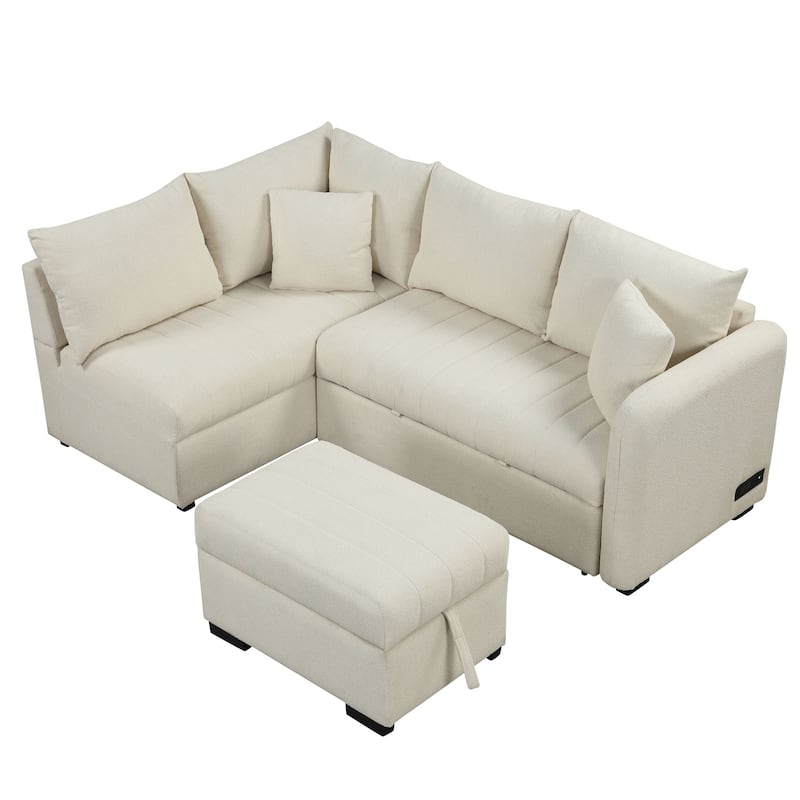 82.6" L-Shaped 5 Seater Sectional Sleeper Sofa with Pull-Out Bed, Storage Ottoman, USB Ports, and Power Sockets