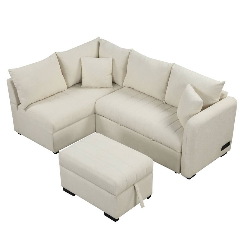 Beige 82.6" L-Shaped 5-Seat Sleeper Sofa with Pull-Out Bed, Storage Ottoman, USB Ports, and Power Outlets