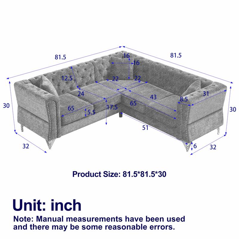 81.5" Chenille L-Shaped Sectional Sofa, 5-Seater Corner Couch with 3 Cushions
