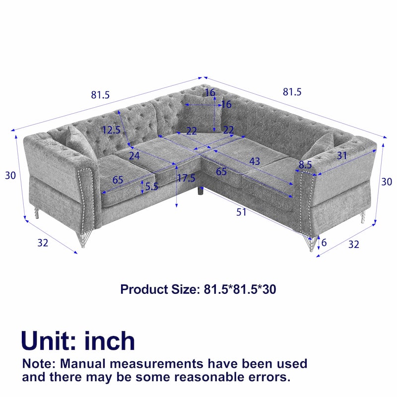 81.5-Inch Grey Chenille Corner Sofa, L-Shaped Sectional Couch with Nailhead Trim