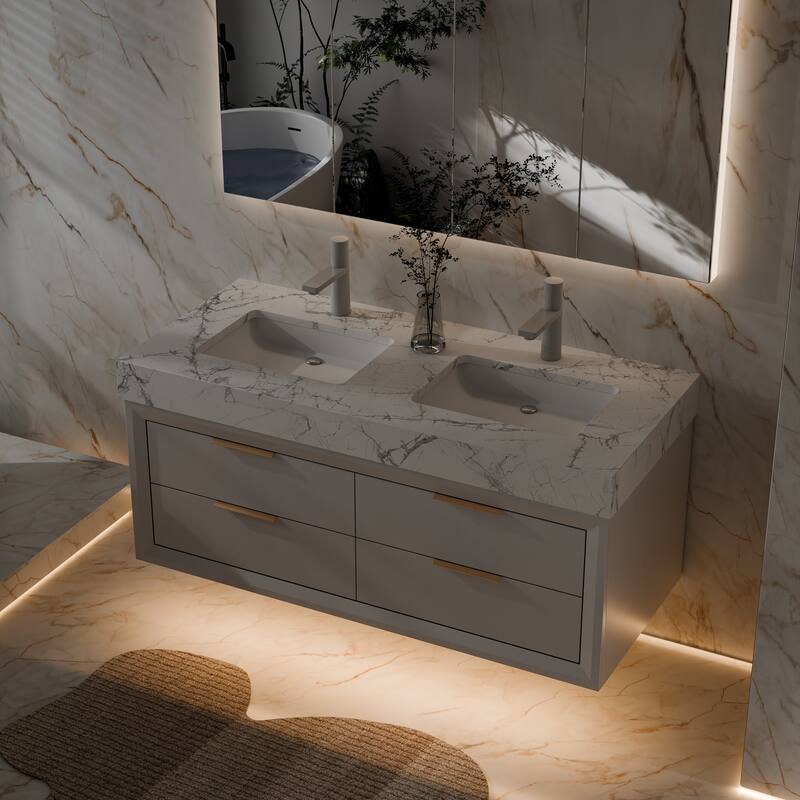 Modland 48" Wall-Mount Double Vanity with LED Light & 6 Drawers - Solid Oak, White / Green - 48 inch