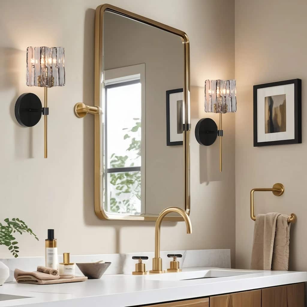 Kasy Modern 1-Light Textured Glass Wall Sconce Gold Grey Bathroom Vanity Light - 4.7"L x 5.9"W x 15"H