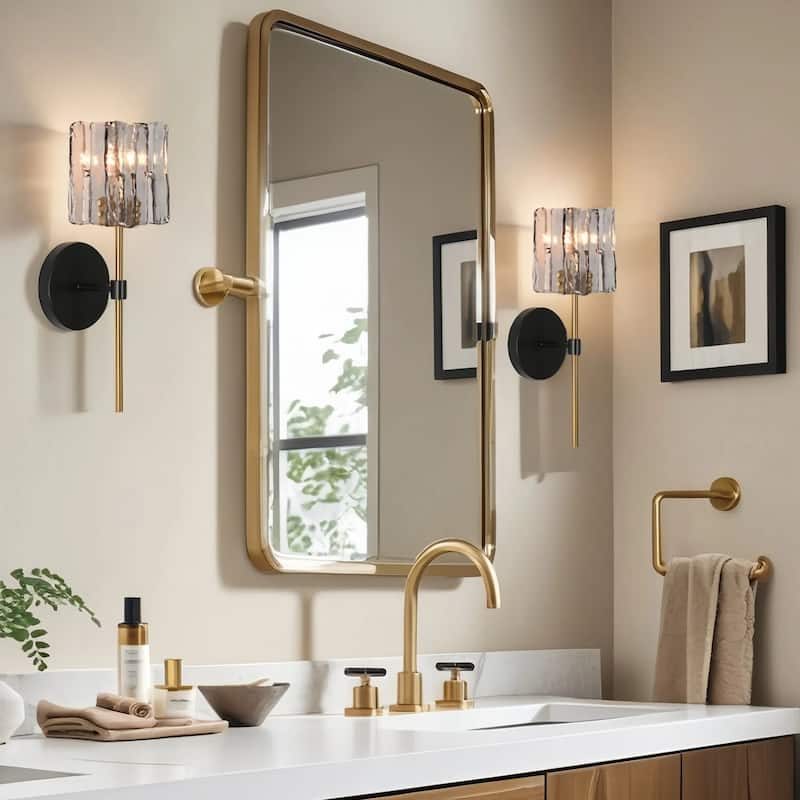Kasy Modern 1-Light Textured Glass Wall Sconce Gold Grey Bathroom Vanity Light - 4.7"L x 5.9"W x 15"H