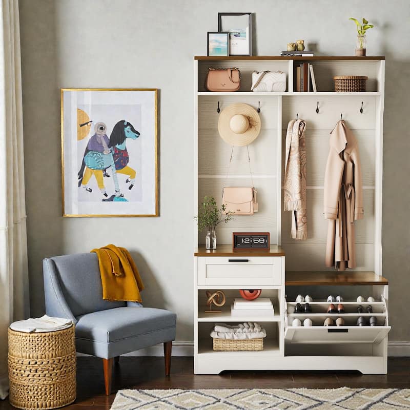 6 in 1 Hall Tree with Bench and Shoe Storage, Entryway Organizer with Flip Shoe Cabinet, Hooks and Drawer