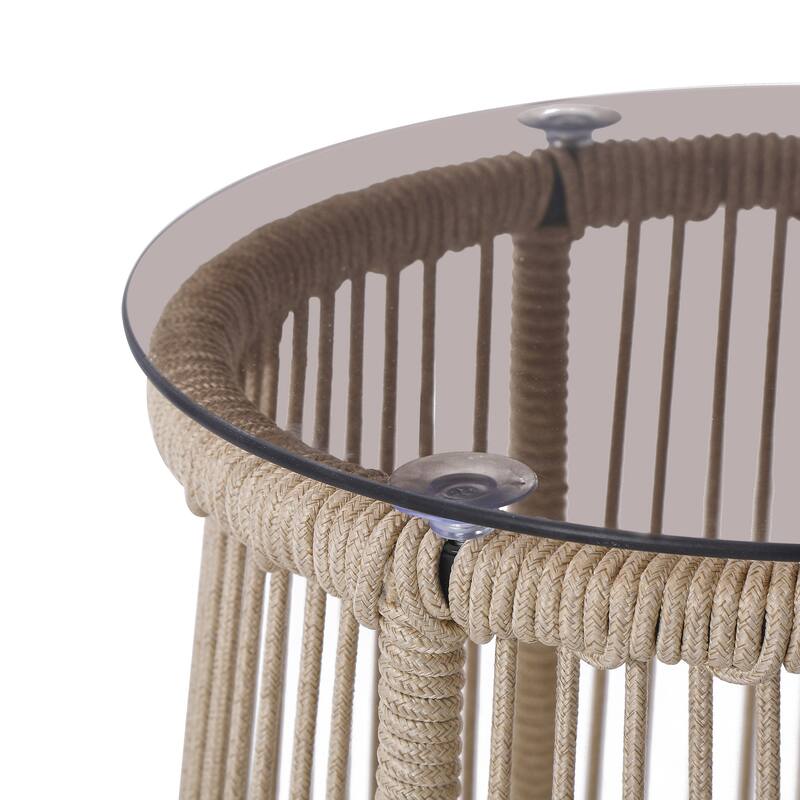 Roomfitters Moonstone Outdoor Woven Rope Side Table with Tempered Glass Top, Modern Drum Design, Light Brown - Light Brown