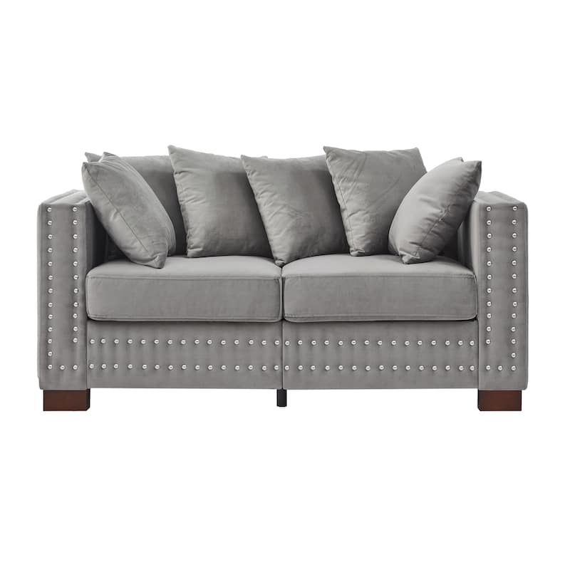 Grey Velvet Loveseat with Silver Nails Decoration and Storage
