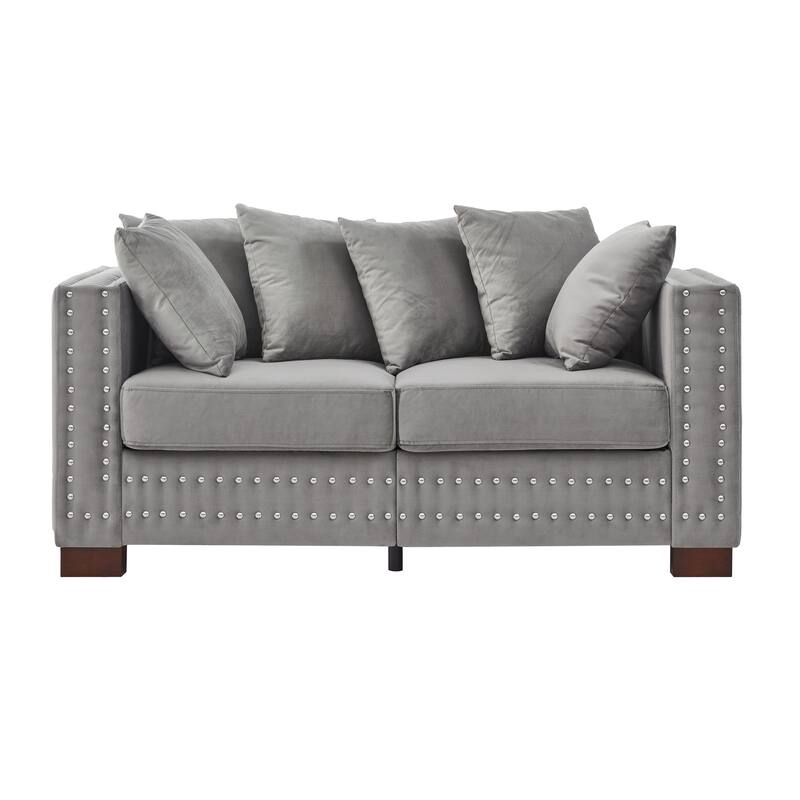 Velvet Loveseat Sofa with Storage, Comfy Upholstered Deep Seat Sofa, 2-Seater Sofa with Nailhead Trim & 6 Throw Pillows
