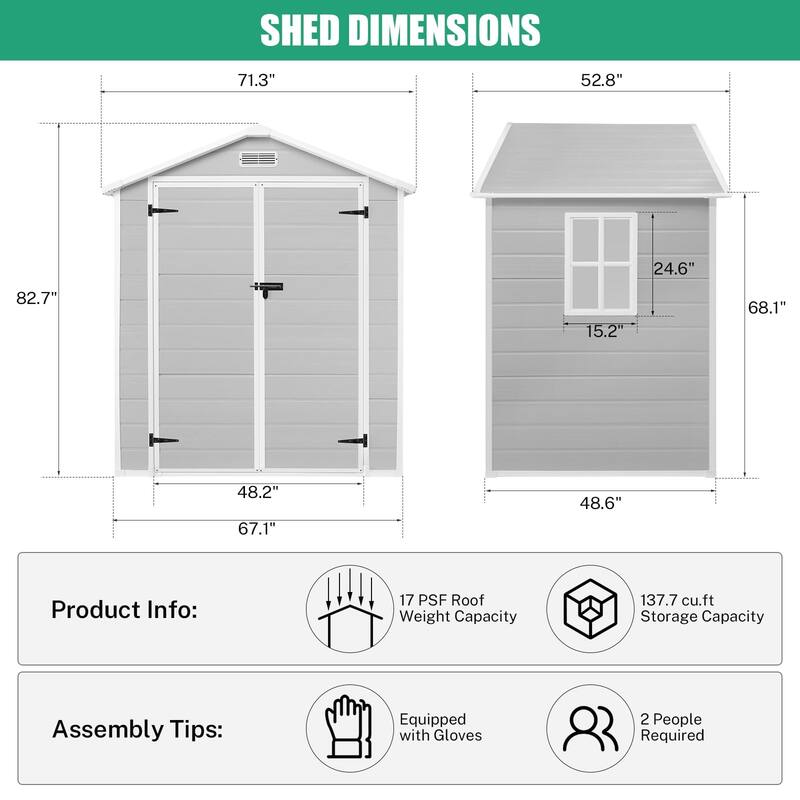 6x4.4FT Outdoor Resin Plastic Storage Shed with Floor, Lockable Doors