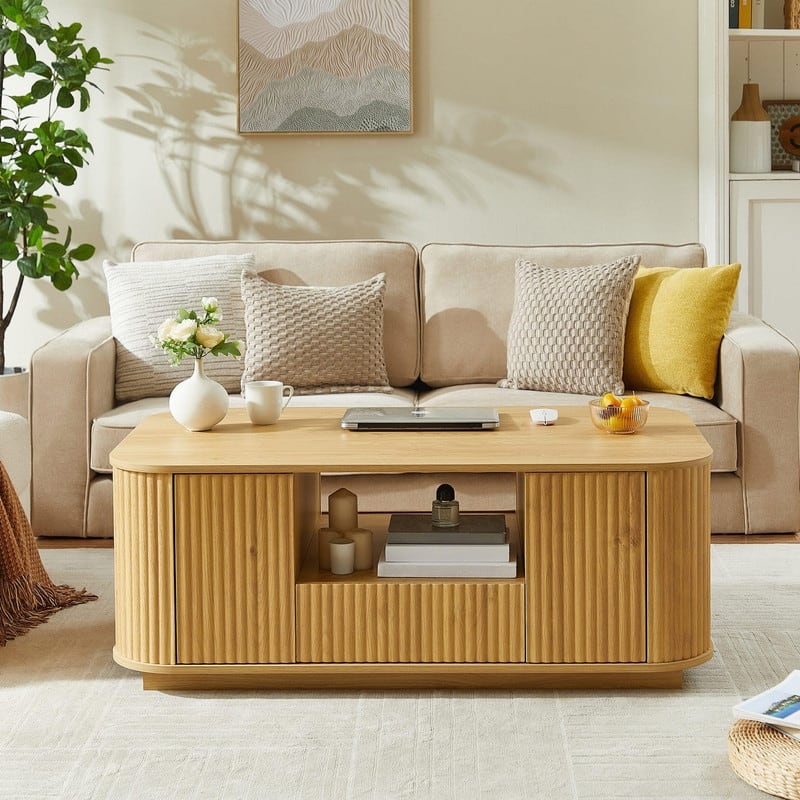 Modern 46.5" Oval Coffee Table with Storage Drawers and Unique Curved Design for Living Room Spaces - Natural
