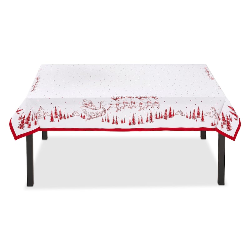 60"x 84" Santa & Reindeer Sleigh in Forest Red and White Cotton Oblong Christmas Tablecloth - 60 x 84