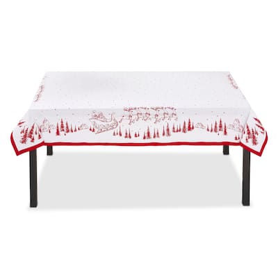 60"x 84" Santa & Reindeer Sleigh in Forest Red and White Cotton Oblong Christmas Tablecloth - 60 x 84