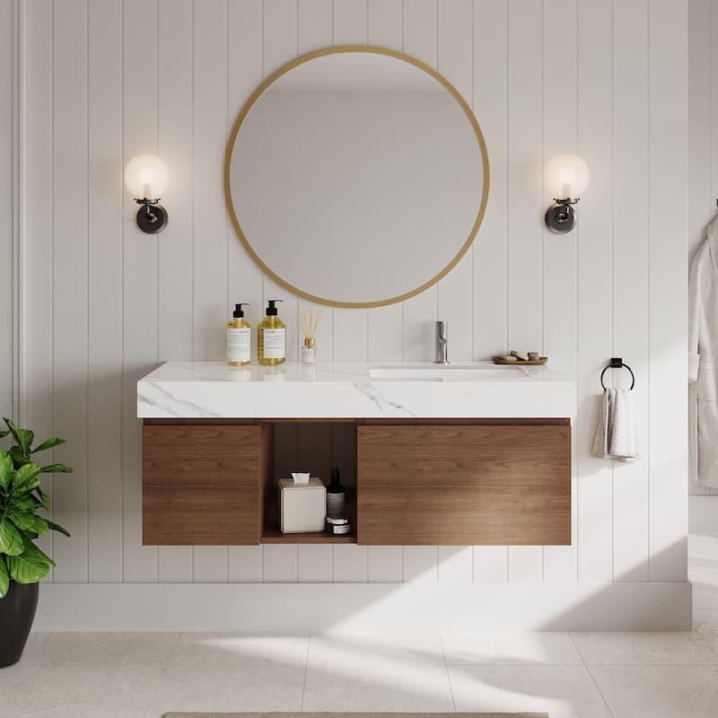 48" Mid Century Single Bathroom faux marble Vanity with Top, Solid Wood, Floating Vanities for Bathroom - 47.6" x 19.6"