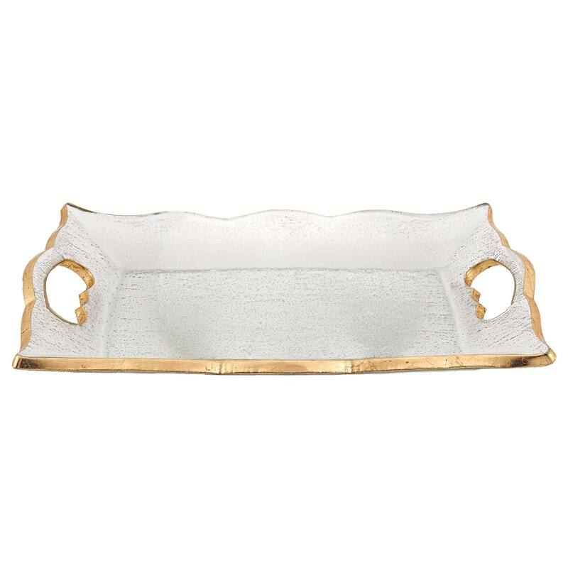 HomeRoots 11" Clear And Gold Seeded Glass Serving Tray With Handles