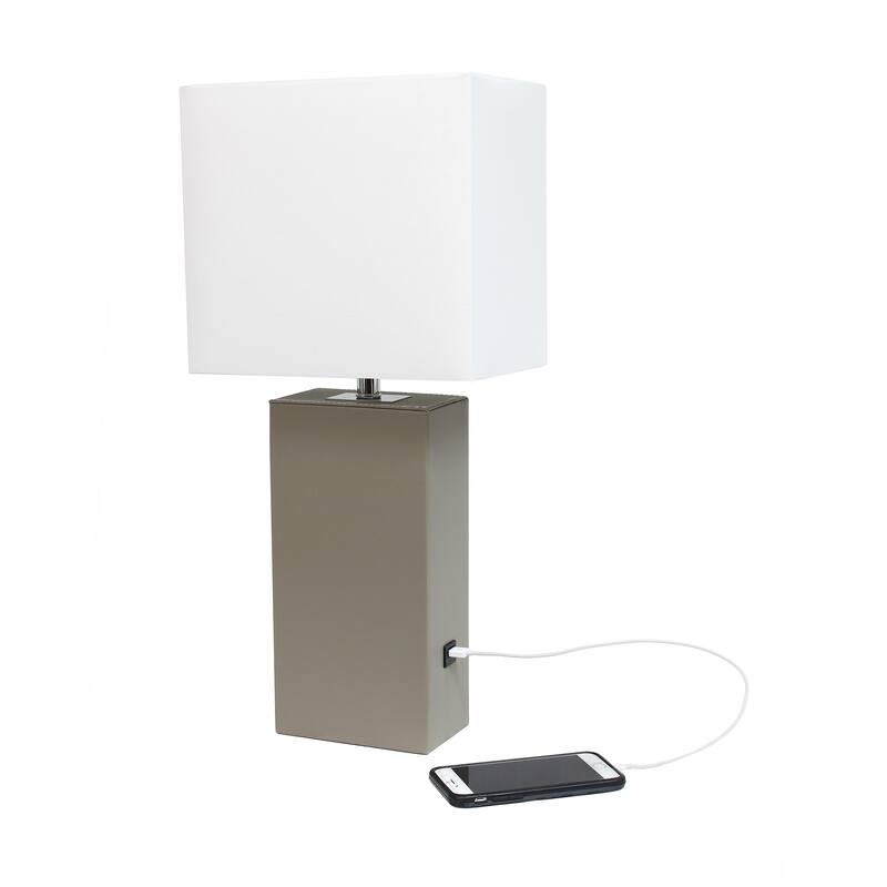 Modern Leather Table Lamp with USB and White Fabric Shade