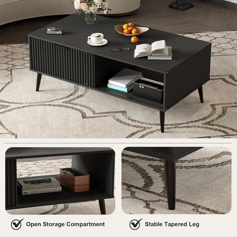Coffee Table with Storage, 2-Tier Wooden Coffee Table with Sliding Door,