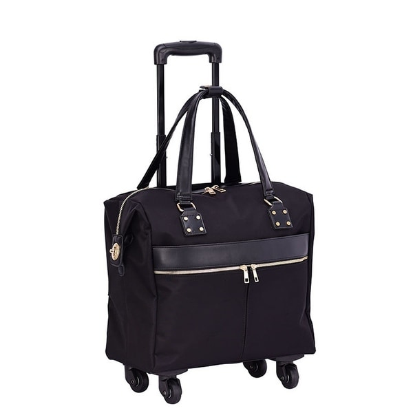 Mellow World 15" Rolling Carry-On Suitcase with 4-wheel spinner. Opens flyout.