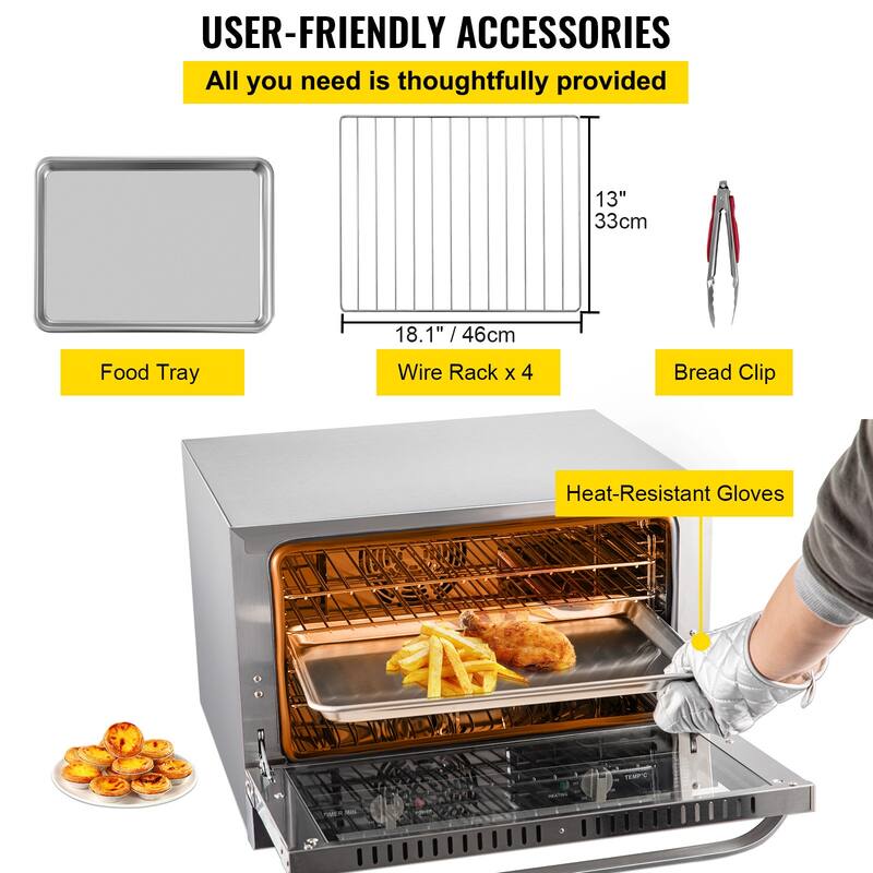 Commercial Convection Oven with Front Glass Door, Electric Baking Oven with Trays Wire Racks Clip Gloves - 47L/43Qt