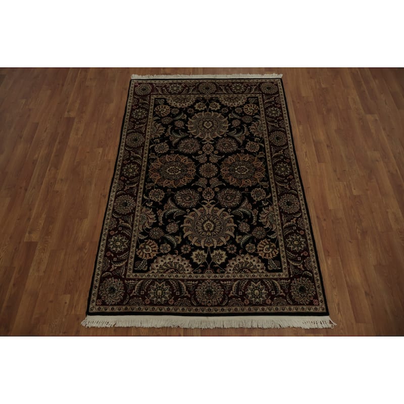 Hand Knotted Oriental 100% Wool Carpet Traditional Floral Black Agra Area Rug - 6' 1'' X 3' 10''