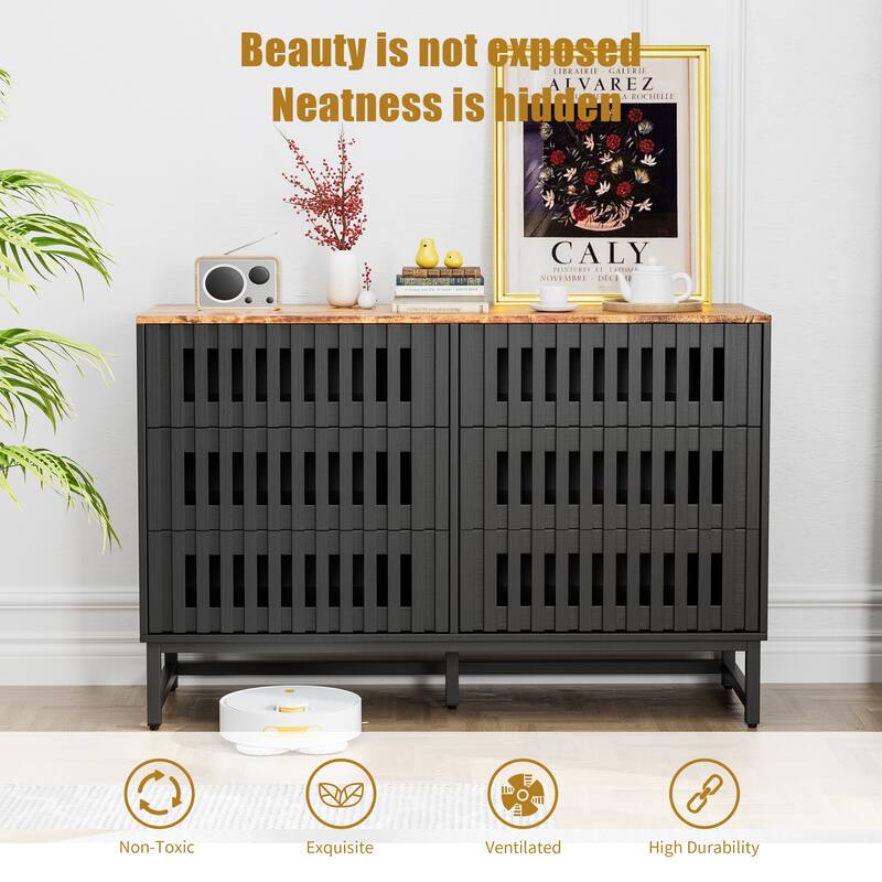 6 Drawer Double Dresser with Slatted Grille Striped Drawer, Modern Style Dresser, High-Quality MDF and Metal Leg