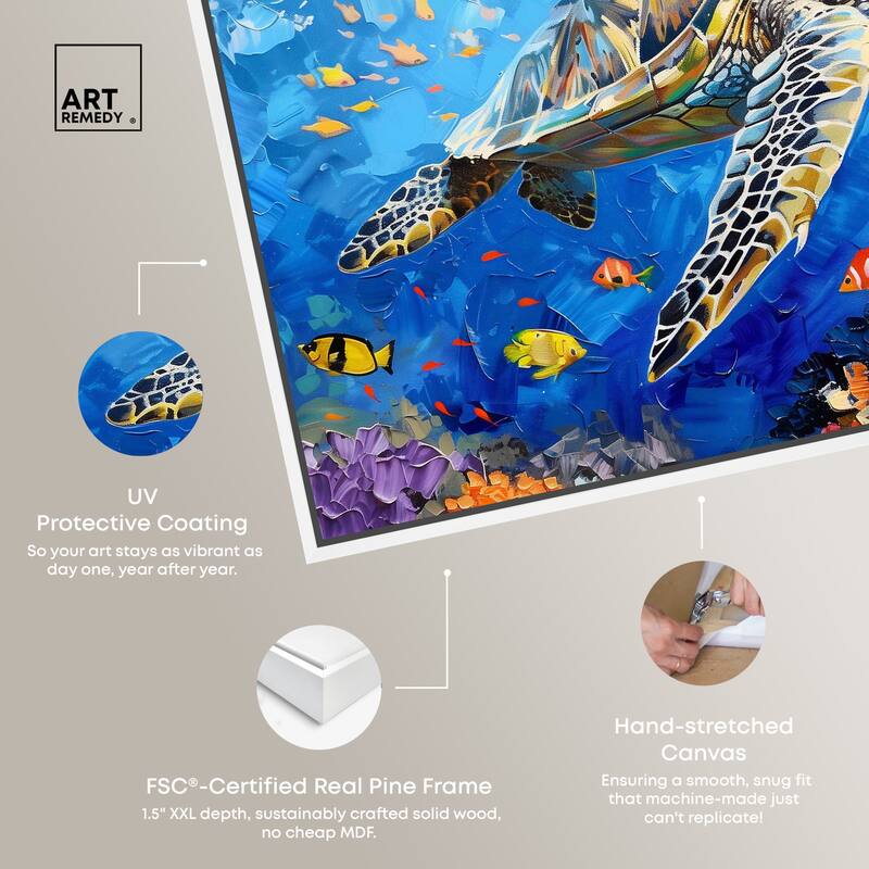 Art Remedy Turtle Swimming Framed Colorful Coastal 1 Piece Canvas Wall Art