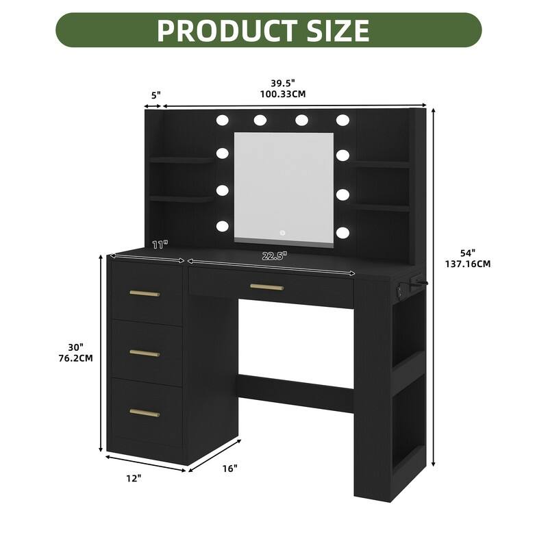 Moasis Makeup Vanity Desk with Mirror & 10 Lights,Makeup Table with 4 Drawers and 8 Open Storage Shelves
