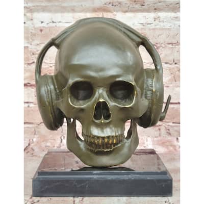 Skull With Headphones Bronze Sculpture - Modern Gothic Music Art