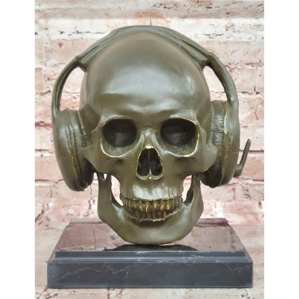 Skull With Headphones Bronze Sculpture - Modern Gothic Music Art