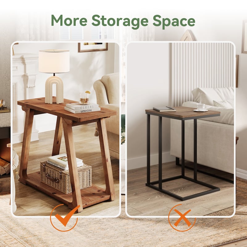 Narrow Side Table Solid, Wood End Table with 2-Tier Storages