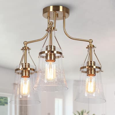 Haye Modern Gold 3-Light Semi-Flush Mount Glass Ceiling Lights - 18.9" D x 15.4" H