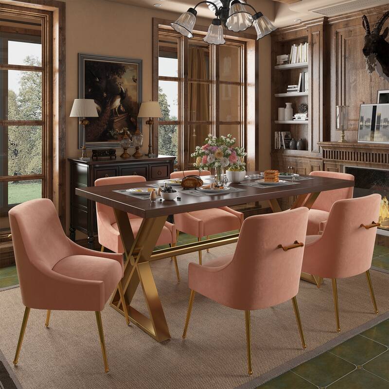 7-Piece Clihome Walut Wood Table with Velvet Chair Dining Chair