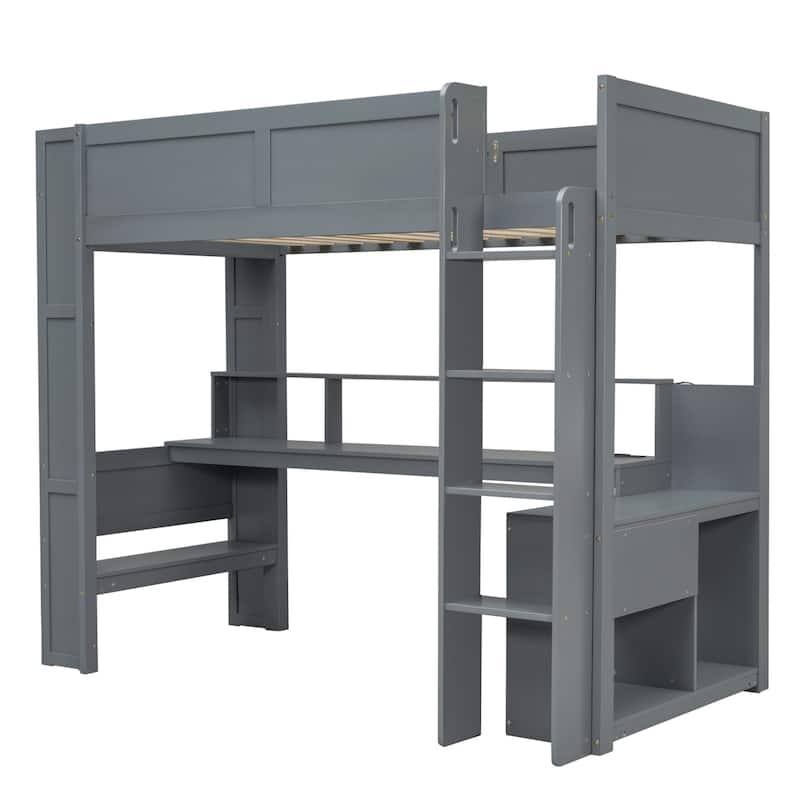 Dark Gray Wood Twin/Full Gamer's Loft Bed with LED Desk, Power Charging Station & Multi-Tier Shelving