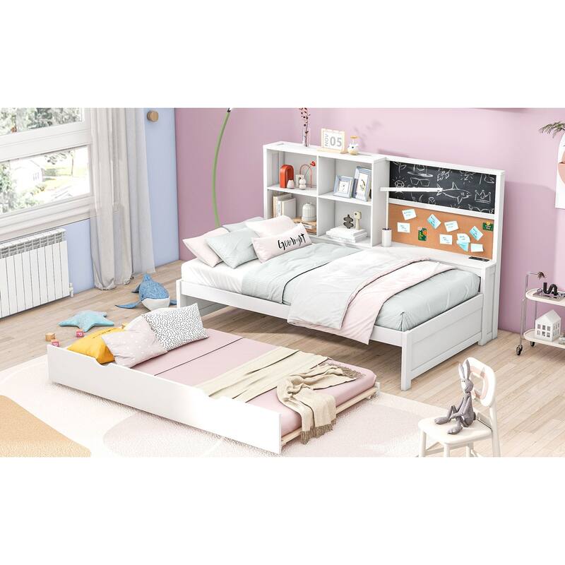 Full Size Wood Daybed with Storage Shelves, Blackboard, Cork Board, USB Charging Ports, and Trundle