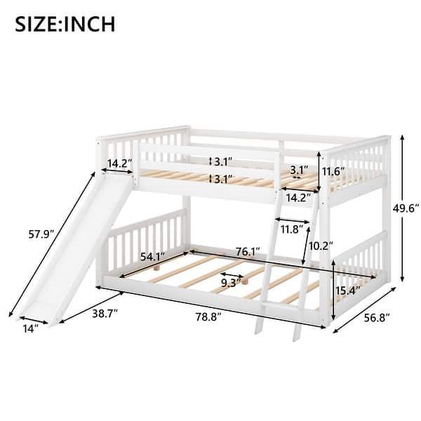 Full over Full Low Bunk Bed with Convertible Slide and Reversible Ladder, White - Space-Saving and Sturdy Wood Frame