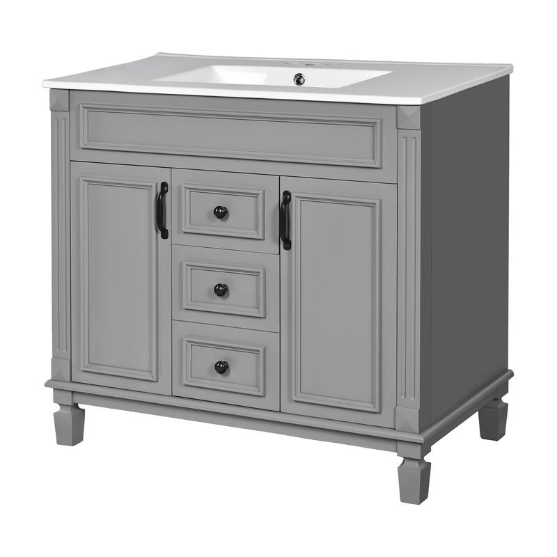 GDFStudio - Marwood Modern Bathroom Vanity Set with Ceramic Sink and Mirror Cabinet with 2 Soft Closing Doors & Drawers - 35.9'W