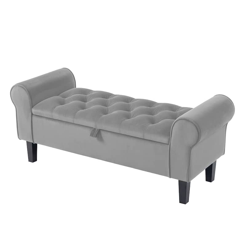 Velvet Storage Bench With Rubber Wood Legs for Bedroom - Grey