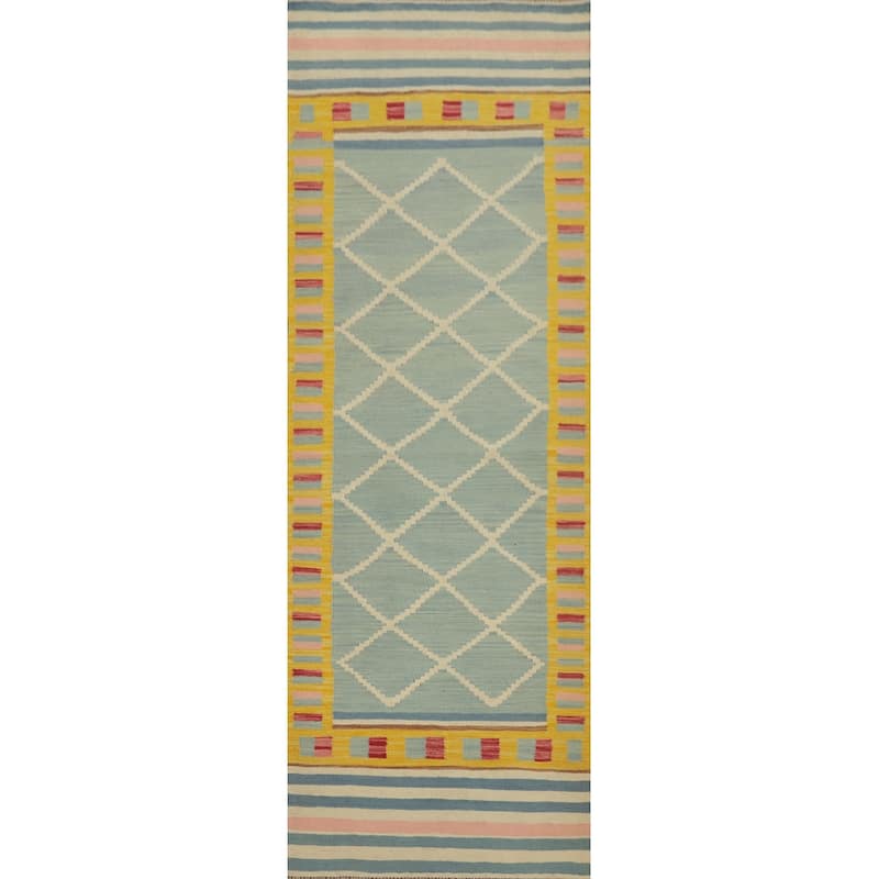 Hand Woven Oriental 100% Wool Carpet Southwestern Tribal Navy Blue & Blues Kilim Runner Rug - 8' 9'' X 2' 6''