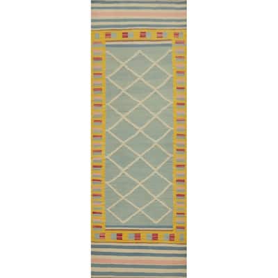 Hand Woven Oriental 100% Wool Carpet Southwestern Tribal Navy Blue & Blues Kilim Runner Rug - 8' 9'' X 2' 6''