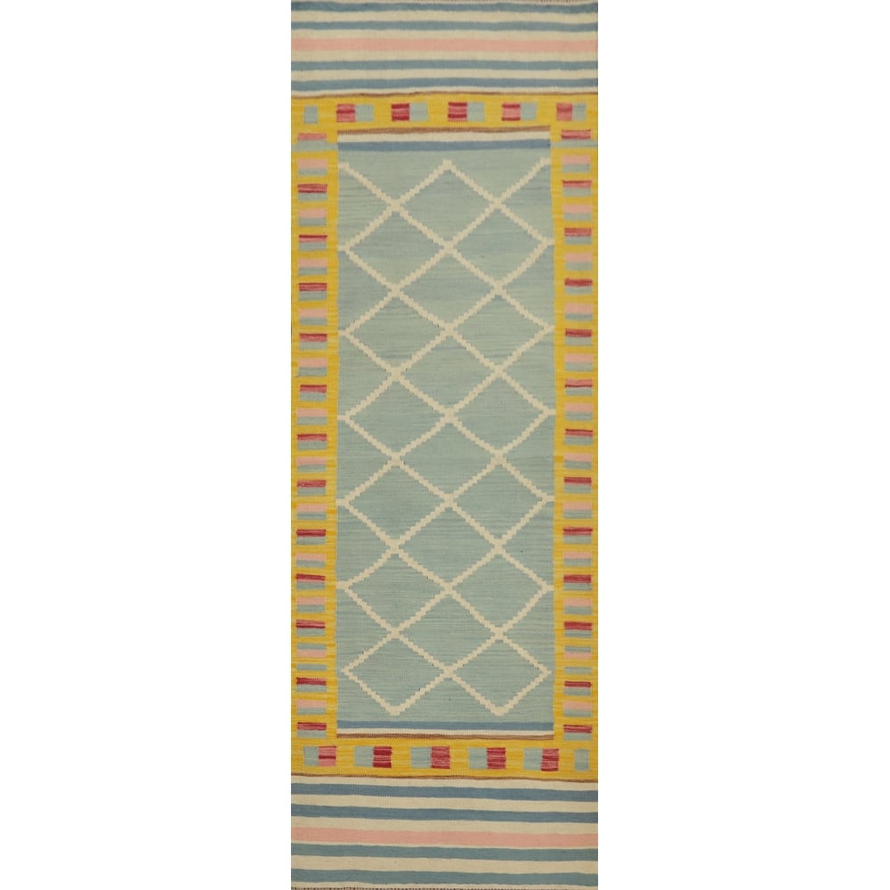 Hand Woven Oriental 100% Wool Carpet Southwestern Tribal Navy Blue & Blues Kilim Runner Rug - 8' 9'' X 2' 6''