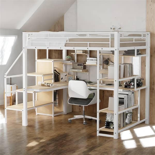 slide 2 of 28, Metal Full Size Loft Bed with Small Wardrobe, Built-in Desk and Storage Staircase White