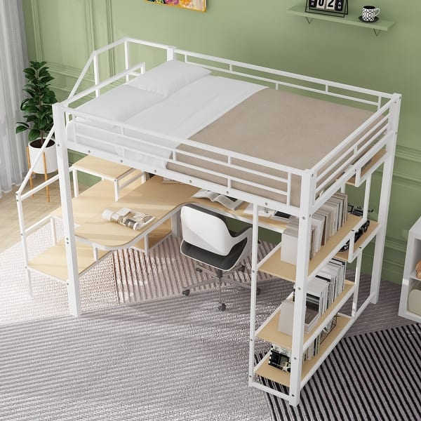 slide 2 of 15, White Full Loft Bed with Storage Staircase & Small Wardrobe,Metal Loft Bed Frame w/Built-in Desk & Shelves for Kids Teens Adults White - Full