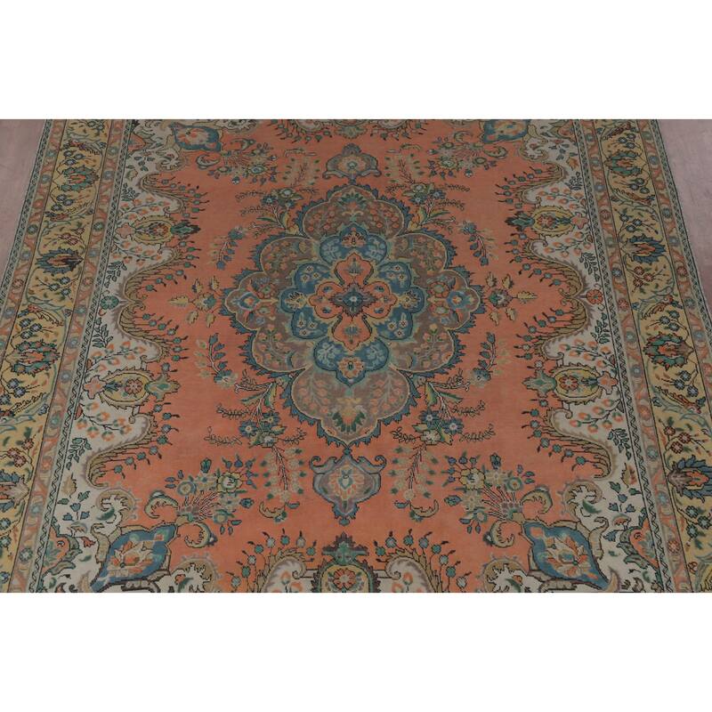 Hand Knotted Oriental 100% Wool Carpet Traditional Geometric Coral Tabriz Area Rug - 12' 7'' X 9' 7''